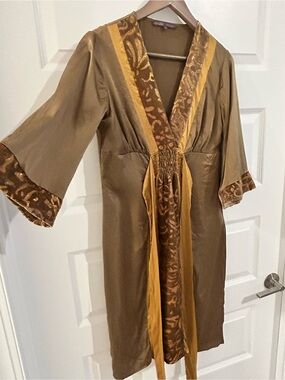 Hale Bob Kimono Style Dress Brown with Velvet Metallic Gold Trim Size S